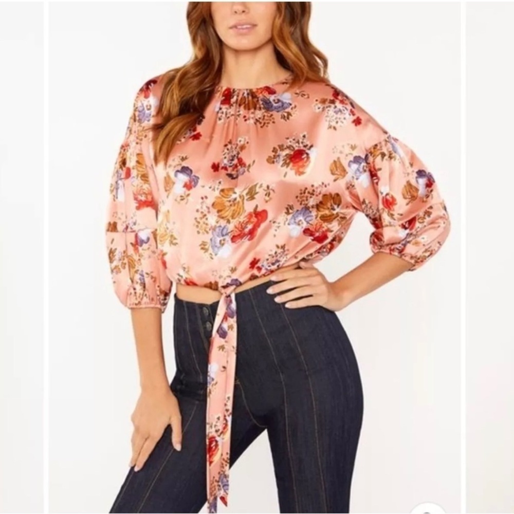 Cinq a Sept Pascale Silk Top Floral Pink Elastic Cuff Front Hem Tie